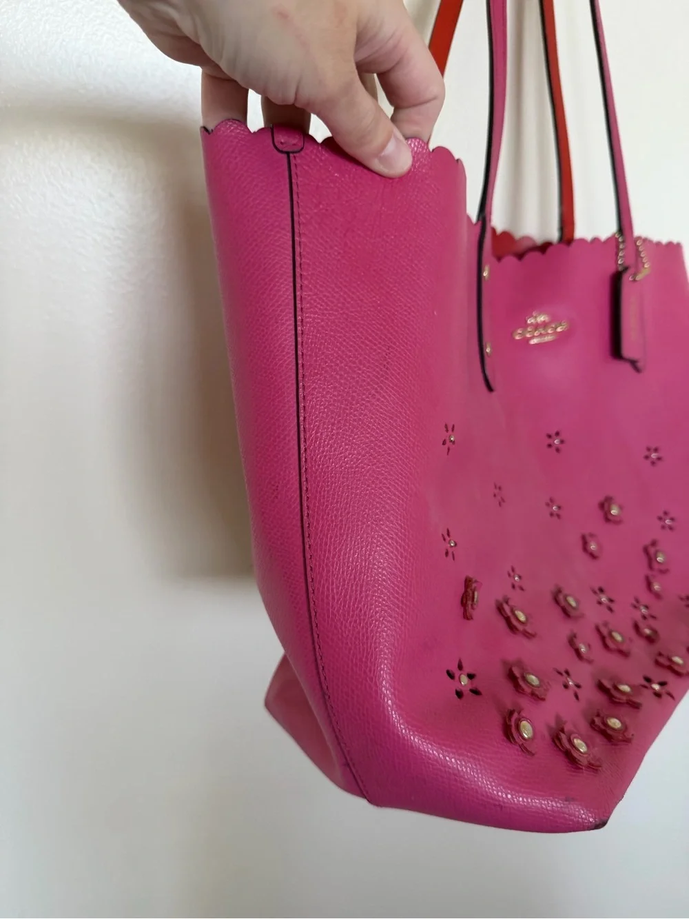 COACH Metro Fuschia Leather Tote w/ Floral Embellishments and Scalloped Top Edge